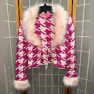 Sugar Thrillz Pink Houndstooth Tie Front Cardigan